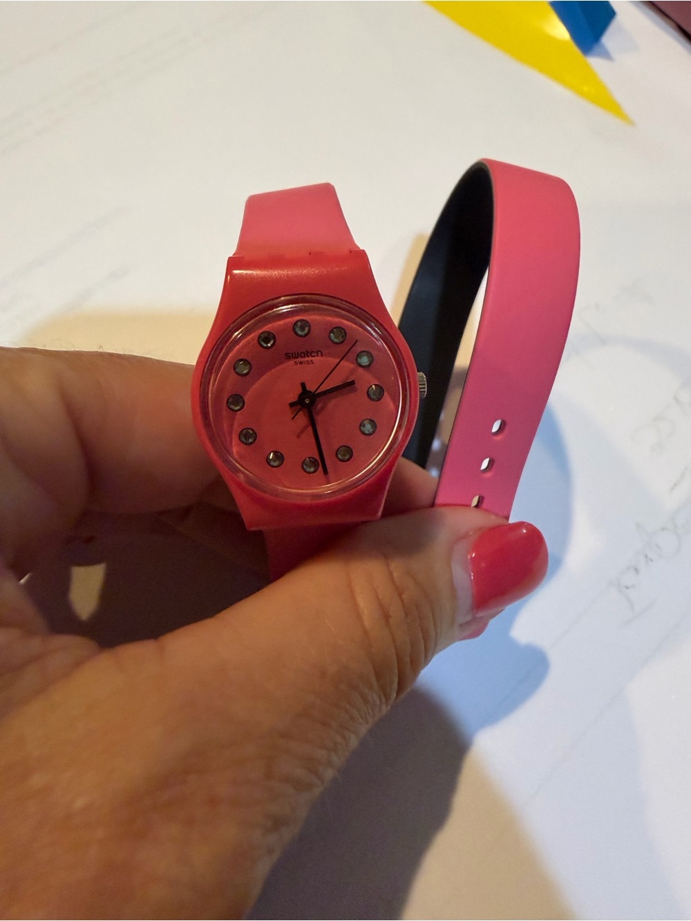 Swiss Swatch Bright Pink Analog Silicone Strap Watch with Crystal Markers